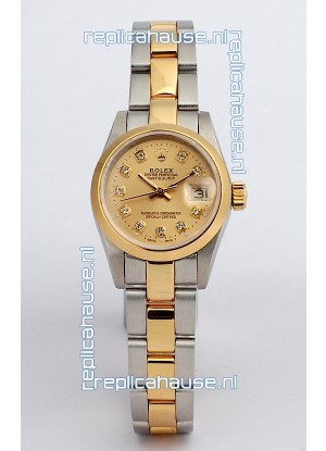 Rolex DateJust - Two Tone Ladies Swiss Replica Watch in Gold Dial
