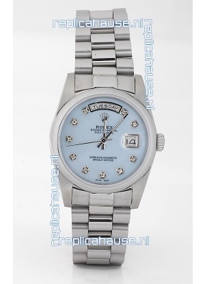 Rolex Day Date Silver Swiss Replica Watch in Mother Of Pearl Blue Dial