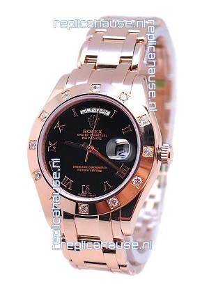 Rolex Day Date Rose Gold Swiss Replica Watch in Black Dial