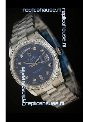 Rolex Day Date Just swiss Replica Blue Watch in Full Diamond Bezel