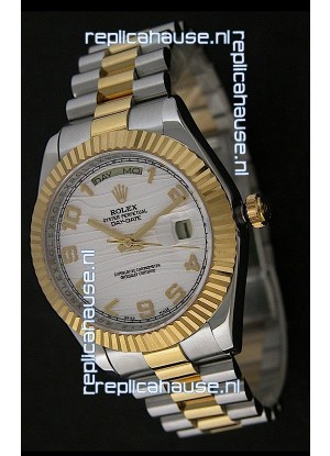 Rolex Day Date Just swiss Replica Two Tone Gold Watch in White Stripe Pattern Dial