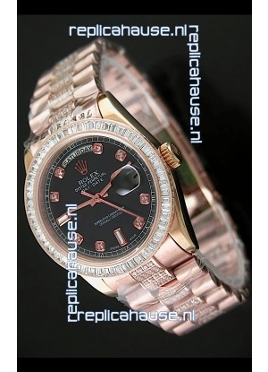 Rolex Oyster Perpetual Day Date Swiss Rose Gold Automatic Watch in Black Dial
