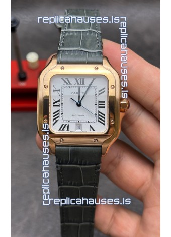 Cartier Santos De Cartier Rose Gold Grey Leather Strap Super Clone Watch 