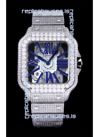 Cartier "Santos De Cartier" Skeleton moissanite Paved Super Clone Watch 