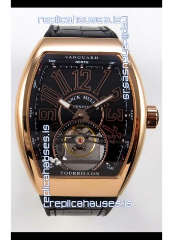 Franck Muller V45 Tourbillon Rose Gold Black Dial Brown Leather Super Clone Watch 