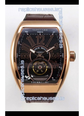 Franck Muller V45 Tourbillon Rose Gold Black Dial Black Leather Super Clone Watch 