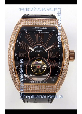 Franck Muller V45 Tourbillon Rose Gold Diamonds Black Strap Super Clone Watch 