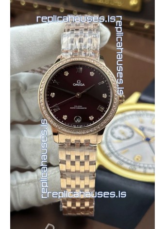 Omega De Ville Automatic 34MM Burgundy Dial Rose Gold Case Super Clone Watch 