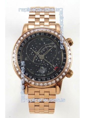 Patek Philippe Grand Complications 6102 Black Dial Rose Gold Strap Super Clone Watch 