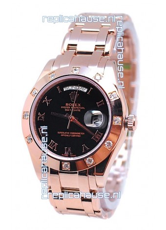 Rolex Day Date Rose Gold Swiss Replica Watch in Black Dial