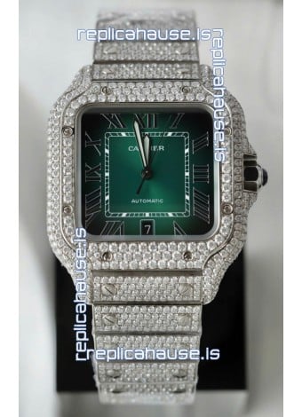 Santos De Cartier Watch in Green Dial MOSSANITES Paved Edition Swiss Replica Watch