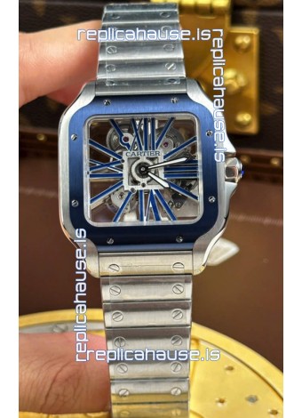 Santos De Cartier Super Clone Watch in Skeleton Dial Brushed Steel Casing Watch 
