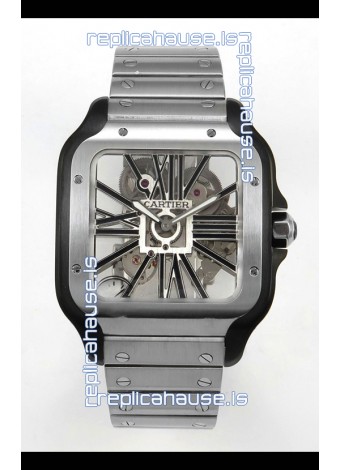 Santos De Cartier Super Clone Watch in Skeleton Dial Brushed DLC Coated Steel Casing Watch 