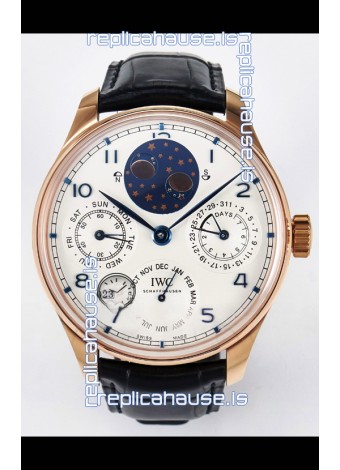 IWC Super Clone Portuguese Perpetual Calendar Rose Gold White Dial Replica Watch 