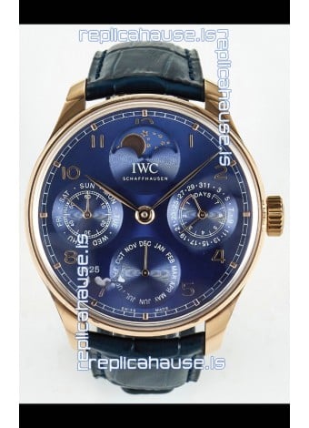 IWC Super Clone Portuguese Perpetual Calendar Rose Gold Blue Dial Replica Watch 
