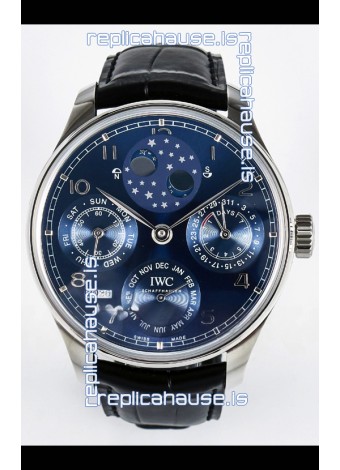 IWC Super Clone Portuguese Perpetual Calendar Stainless Steel Blue Dial Replica Watch 