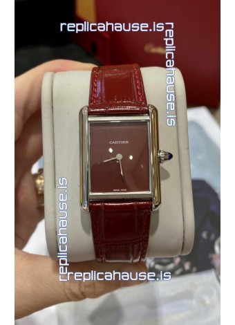 Must De Cartier Tank Edition Watch in 904L Stainless Steel Casing Maroon Dial