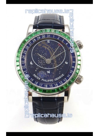 Patek Philippe Grand Complications 6102 Blue Dial Green Diamonds Swiss Replica Watch 