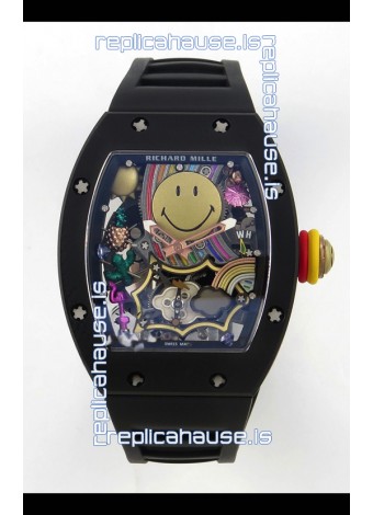 Richard Mille Super Clone RM088 Smiley Tourbillon Black Ceramic Rubber Strap Watch 