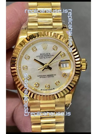 Rolex Datejust Super Clone Pearl Dial Yellow Gold Casing Watch 28MM