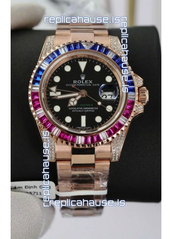 Rolex GMT Masters Super Clone Diamonds Swiss watch with Rose Gold 904L Case - 1:1 Mirror Quality