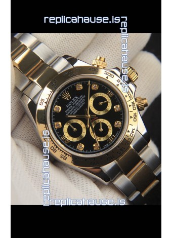 Rolex Daytona Japanese Movement Two Tone Gold Casing Watch in Black Dial 