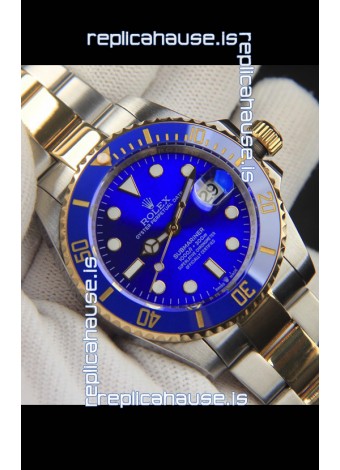 Rolex Submariner Japanese Replica Watch 904L 2 Tone Yellow Gold - Ceramic Bezel in Blue