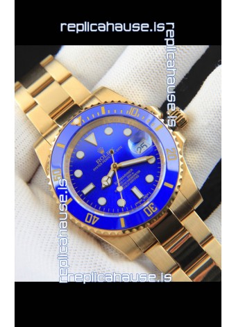 Rolex Submariner Japanese Replica Watch in Yellow Gold Casing Blue Dial 