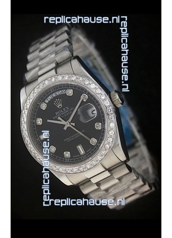 Rolex Day Date Just swiss Replica Black Watch in Full Diamond Bezel