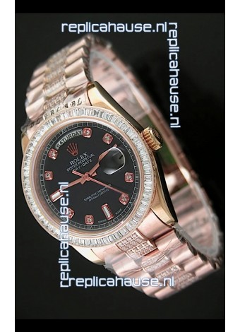 Rolex Oyster Perpetual Day Date Swiss Rose Gold Automatic Watch in Black Dial