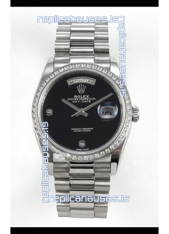 Rolex Day Date Black Dial Diamonds Bezel 36MM Swiss Replica Watch 