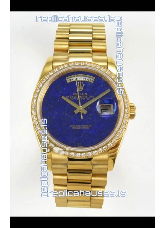 Rolex Day Date Yellow Gold Blue Lapis Dial Diamonds Bezel 36MM Swiss Replica