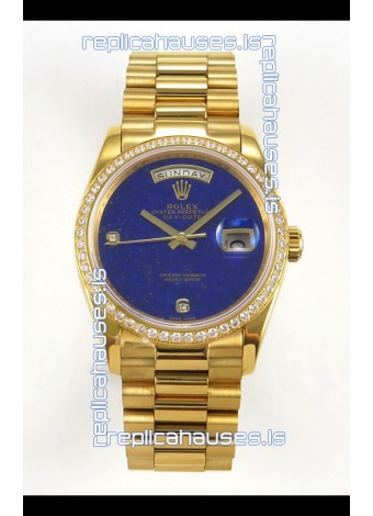 Rolex Day Date Yellow Gold Blue Lapis Dial Diamonds Bezel 36MM Swiss Replica