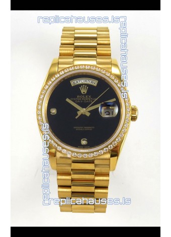 Rolex Day Date Yellow Gold Black Dial Diamonds Bezel 36MM Swiss Replica