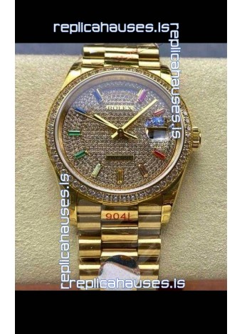 Rolex Day Date 128348RBR Yellow Gold Diamonds Dial Super Clone Watch 