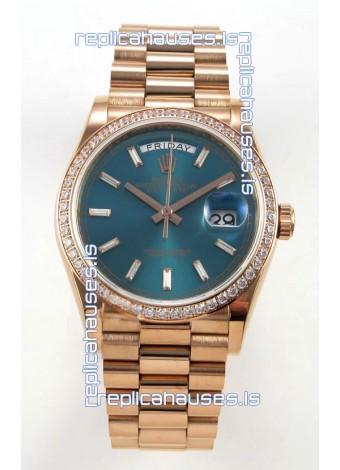 Rolex Day Date 128345 Rose Gold Green Crystal Dial Diamonds Bezel Super Clone Watch 