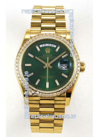 Rolex Day Date 128348 Yellow Gold Green Crystal Dial Diamonds Bezel Super Clone Watch 