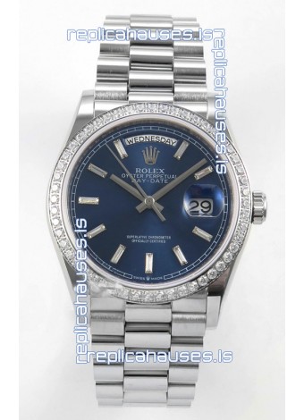 Rolex Day Date 128349 Stainless Steel Blue Crystal Dial Super Clone Watch 