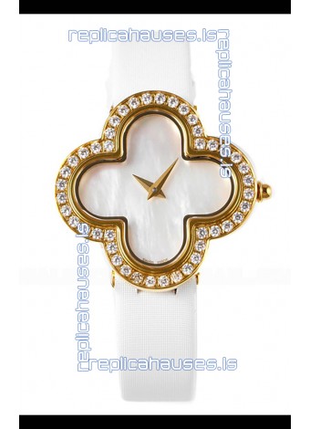 Van Cleef & Arpels Alhambra Yellow Gold Diamonds Bezel Pearl Dial Watch 