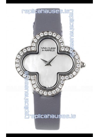 Van Cleef & Arpels Alhambra Stainless Steel Diamonds Bezel Grey Strap Watch 