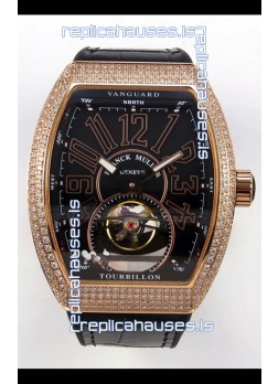 Franck Muller V45 Tourbillon Rose Gold Diamonds Black Strap Super Clone Watch 