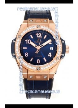 Hublot Big Bang One Click moissanite Bezel Rose Gold Super Clone Watch Blue Dial