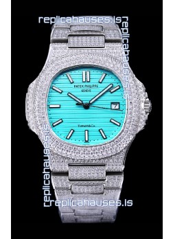 Patek Philippe Super Clone Nautilus 5711/1A Diamonds Paved Edition Tiffany Blue Dial