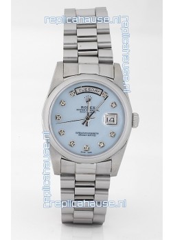 Rolex Day Date Silver Swiss Replica Watch in Mother Of Pearl Blue Dial