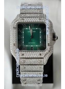 Santos De Cartier Watch in Green Dial MOSSANITES Paved Edition Swiss Replica Watch
