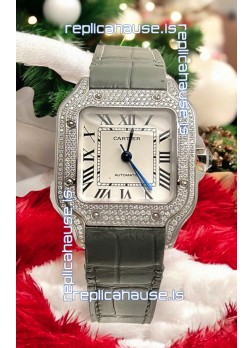 Santos De Cartier Watch in White Dial 39.50MM MOSSANITES Paved Bezel Swiss Replica Watch