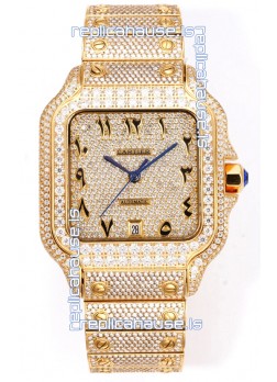 Cartier "Santos De Cartier" Yellow Gold W/ Diamonds Arabic Dial 1:1 Mirror Replica - 40MM - Genuine Diamonds