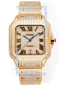 Cartier "Santos De Cartier" Yellow Gold W/ Diamonds Roman Dial 1:1 Mirror Replica - 40MM - Genuine Diamonds