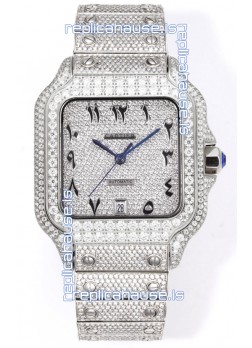 Cartier "Santos De Cartier" Stainless Steel W/ Diamonds Arabic Dial 1:1 Mirror Replica - 40MM - Genuine Diamonds