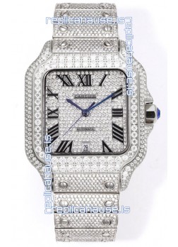 Cartier "Santos De Cartier" Stainless Steel W/ Diamonds Roman Dial 1:1 Mirror Replica - 40MM - Genuine Diamonds